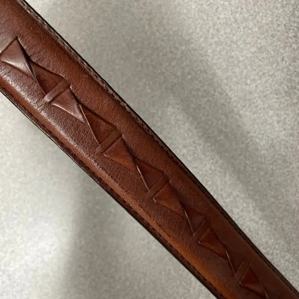Fossil Brown Leather Belt Mens 38 Silver Buckle Woven 1.25